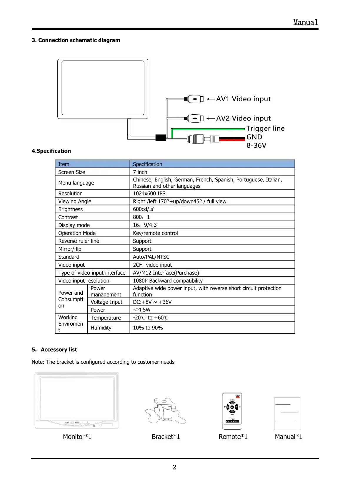 New arrival AHD 7inch TFT LCD COLOR MONITOR with 1080P reversing camera 720P backup camera